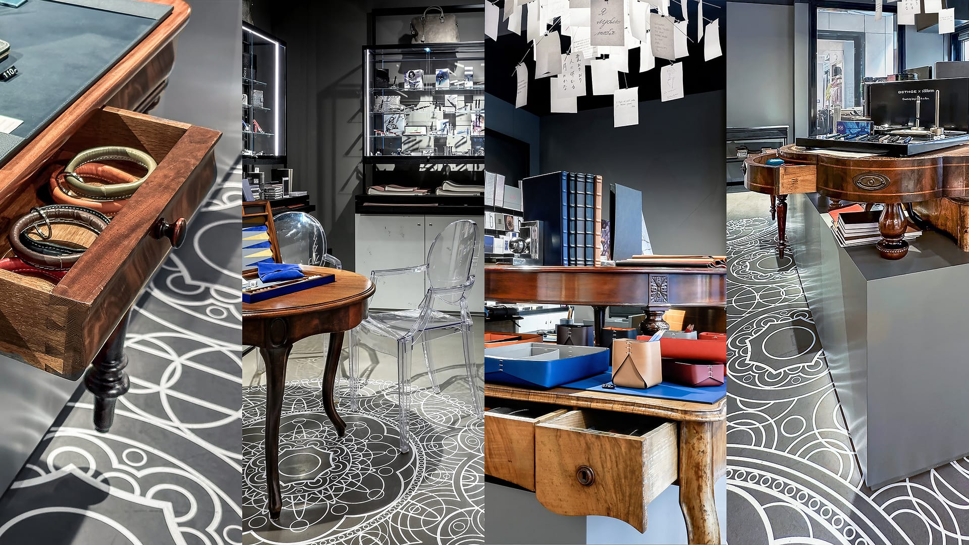 BEING BORN – Bethge Shop Hamburg: It-Piece im Dialog der Kontraste Bethge Shop Hamburg – Collage der It-Pieces im Retail Design von BEING BORN: antike Tische, kubische Möbelstücke, Louis Ghost Stühle und ein grafisch umgesetztes Teppichmuster.