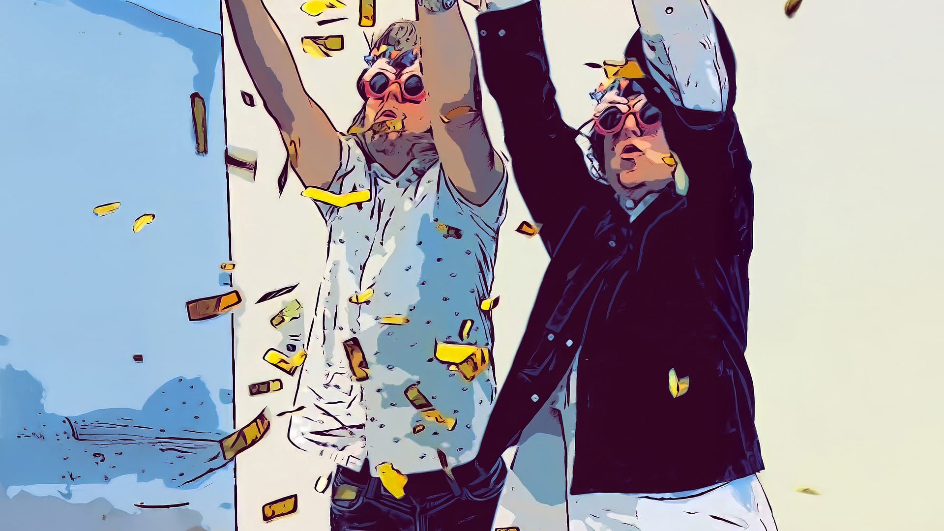 Making-of von BEING BORN für eightbit experts: Comicstil-Szene mit Konfetti, Spaßmomenten und dem spielerischen Set der Lentikular-Geburtstagskarte.